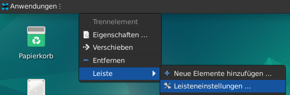 Zugriff auf die Xfce Seitenleisten - Einstellungen mit einem Rechtsklick