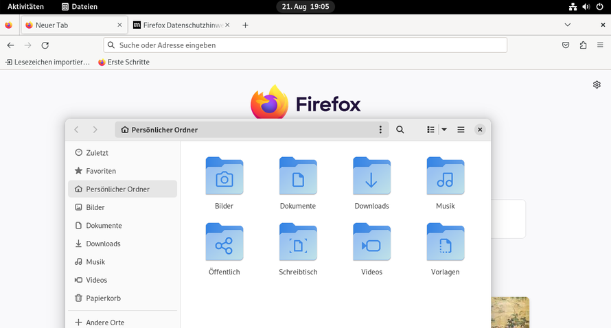 Der Firefox Internet Browser und der Dateimanager von Gnome