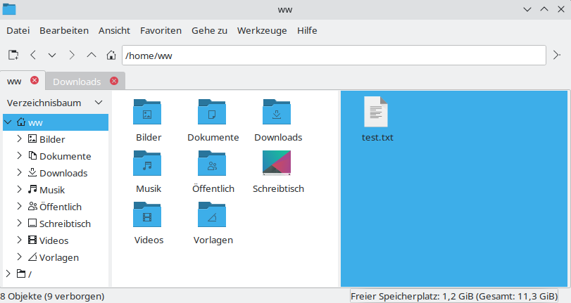 Der Dateimanager PCManFM mit zwei geöffneten Reitern unter KDE