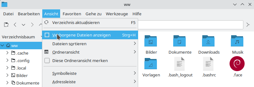 verborgene Dateien, angezeigt mit dem PCManFM unter KDE