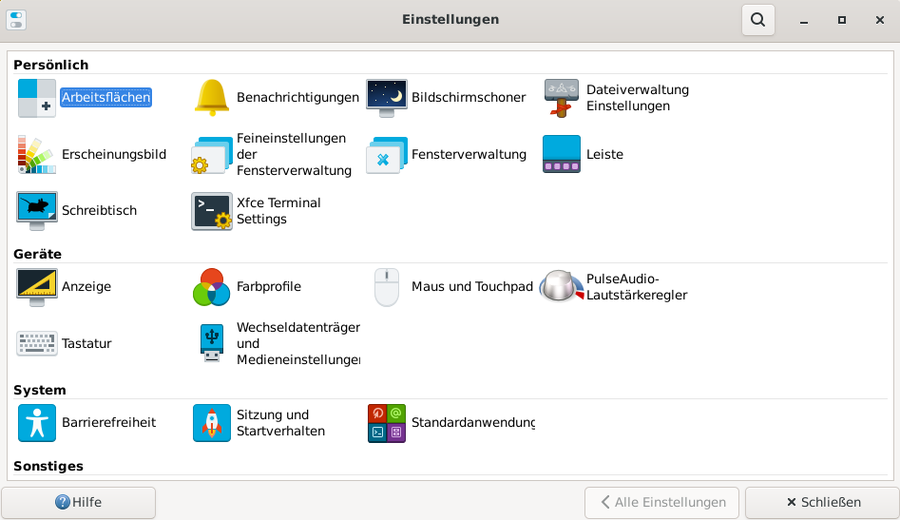 Das Xfce Einstellungszentrum unter Debian