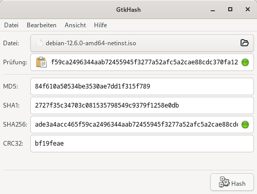 GtkHash: Überprüfung der SA256 Prüfsumme