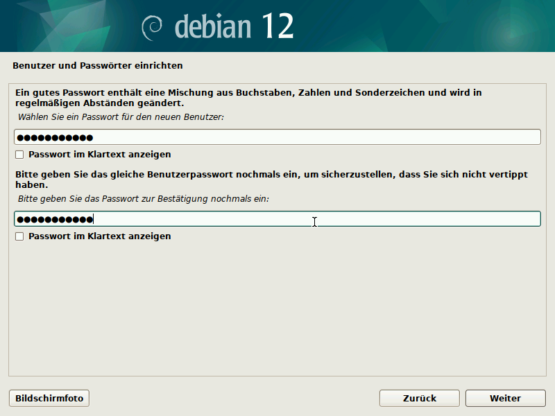 Installation: Nutzerpasswort