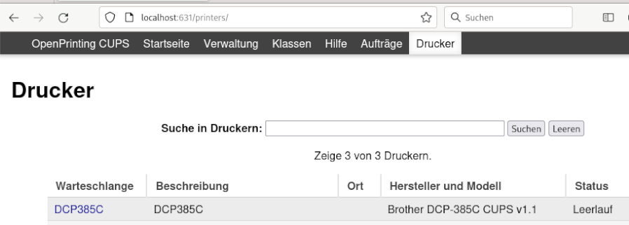 CUPS: Der Reiter “Drucker” auf der Internetseite