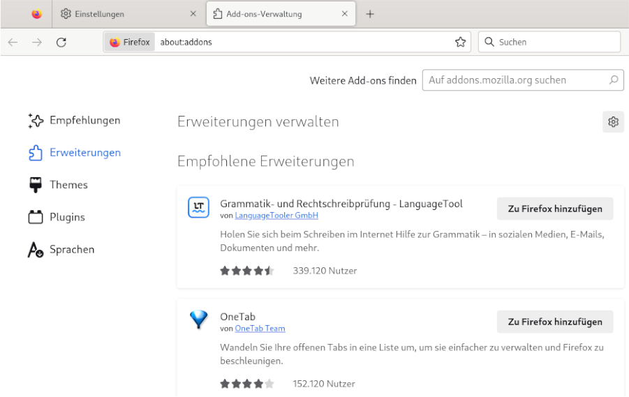 Firefox: Add-ons Katalog