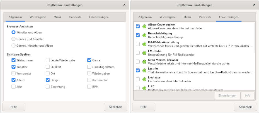 Rhythmbox: Einstellung der Vorlieben/Erweiterungen