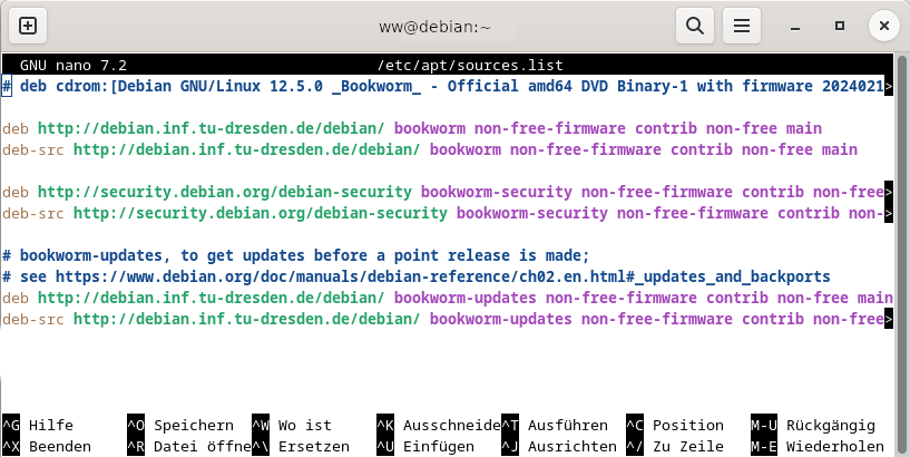 Die Standard - Datei ‘sources.list’ in Debian 12