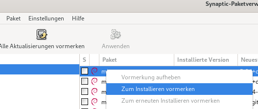 Synaptic: Ein Paket zur Installation vormerken