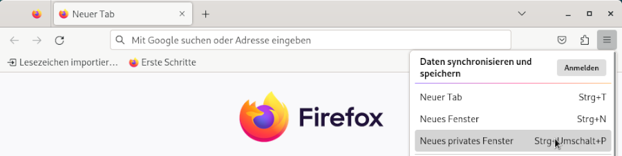 Firefox: ein neues privates Fenster öffnen