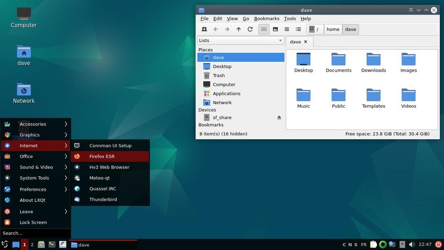 The LXQt desktop with the application menu and the PCManFM file manager