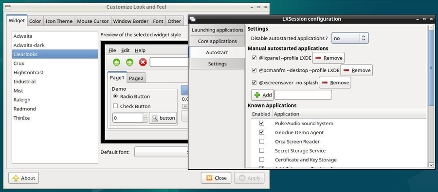 LXDE Appearance and Session configuration panels on Debian