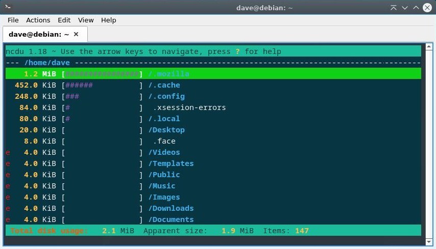 Ncdu launched in the user personal folder