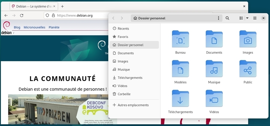 Le navigateur Firefox et le gestionnaire de fichiers sur Gnome