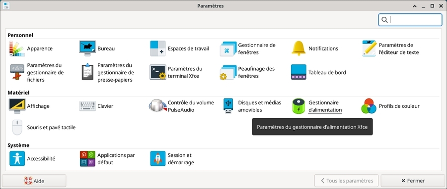 Le gestionnaire de paramètres Xfce sur Debian