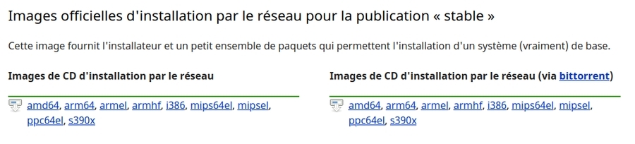 Liens de téléchargement pour Debian netinstall