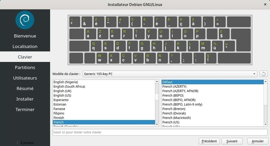 Installateur Calamares : choix du clavier