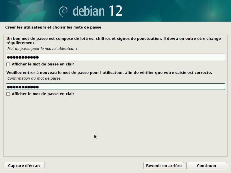 Installation : mot de passe de l’utilisateur principal