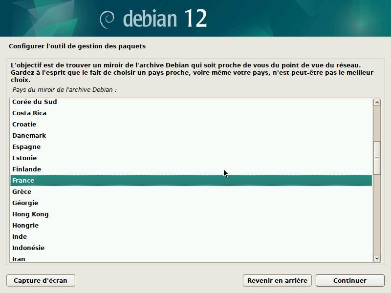 Installation : choix du pays pour le miroir des dépôts