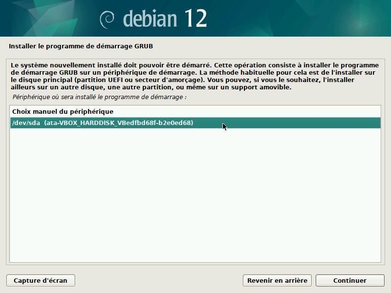 Installation : choix du disque pour GRUB