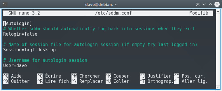 Édition de sddm.conf dans l’éditeur nano en console