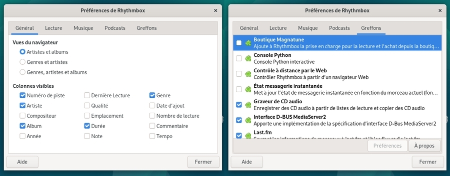 Rhythmbox : gestionnaire de préférences / greffons
