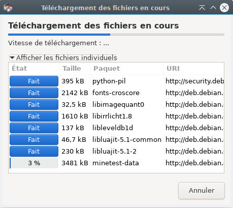 Synaptic : téléchargements de paquets à installer