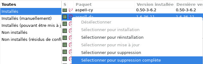 Synaptic : sélection d’un paquet à supprimer