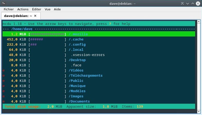 Ncdu lancé dans le répertoire utilisateur