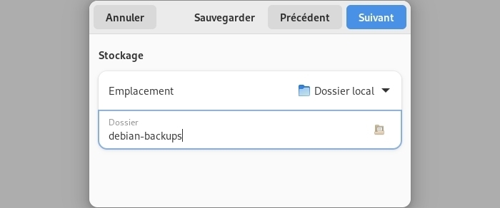 Déjà-Dup : sélection de l’emplacement de la sauvegarde