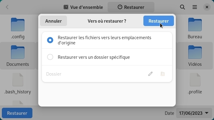 Déjà-Dup : définir l’emplacement de restauration