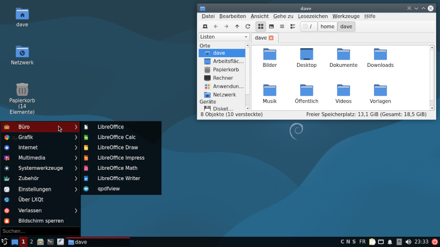 Die LXQt Arbeitsfläche mit dem Programmmenü und dem PCManFM Dateimanager
