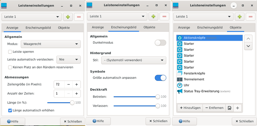 Die 3 Reiter der Xfce Seitenleisten-Einstellungen