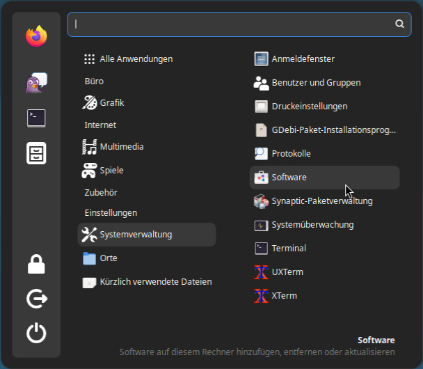 Menü gruppiert nach Kategorie in Cinnamon