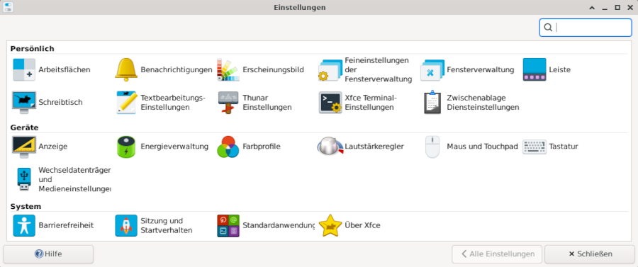 Das Xfce Einstellungszentrum unter Debian