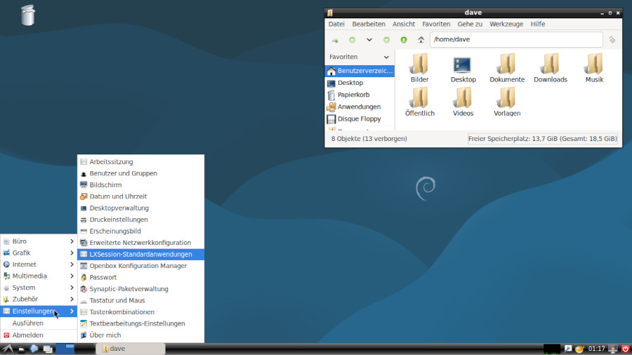 Die LXDE Arbeitsfläche und der PCManFM unter Debian