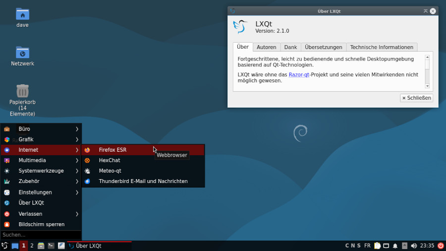 Die LXQt-Arbeitsfäche unter Debian