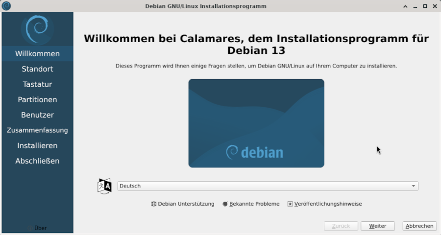 Das Calamares Installationsprogramm: Sprachauswahl