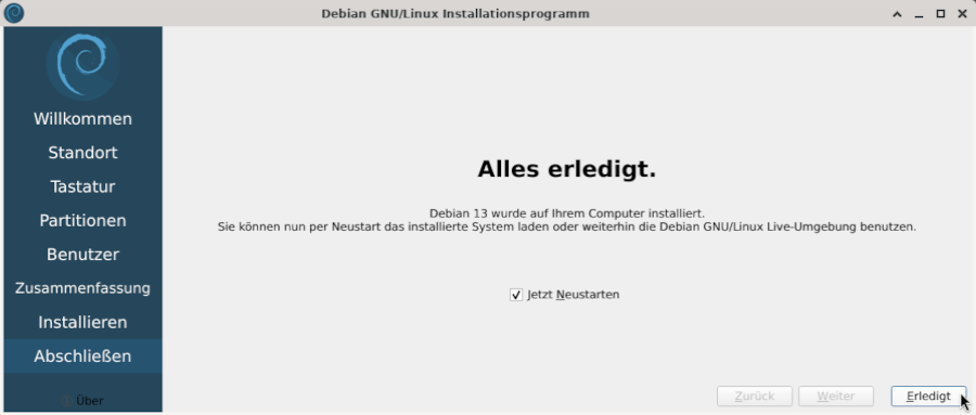 Das Calamares Installationsprogramm: fertige Installation