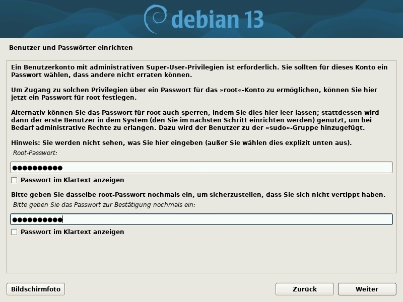 Installation: Administrator-Passwort