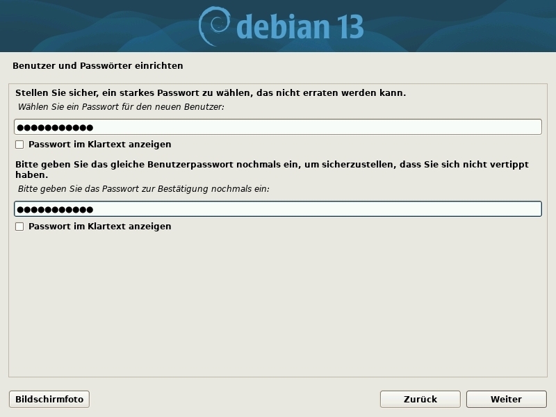Installation: Nutzerpasswort