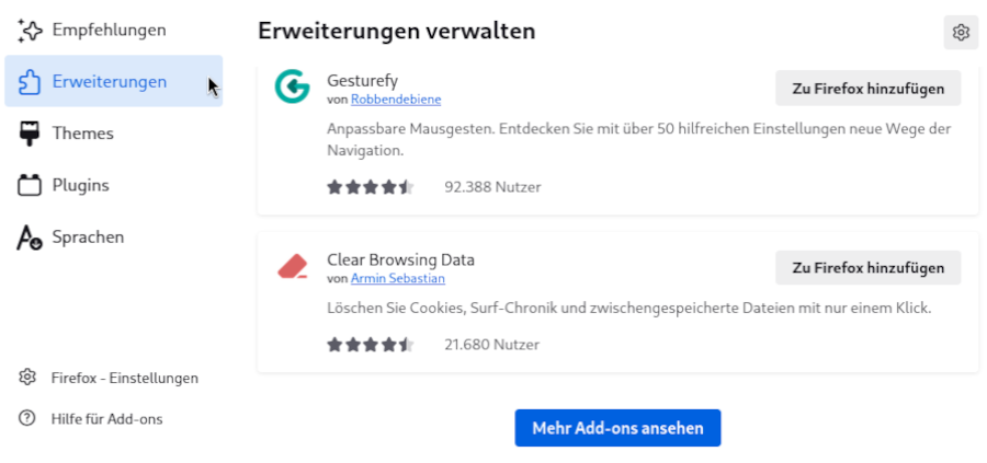 Firefox: Add-ons Katalog