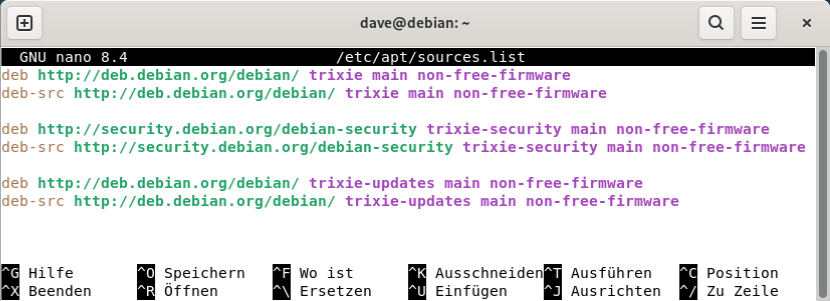 Die Standard-Datei ‘sources.list’ in Debian 13