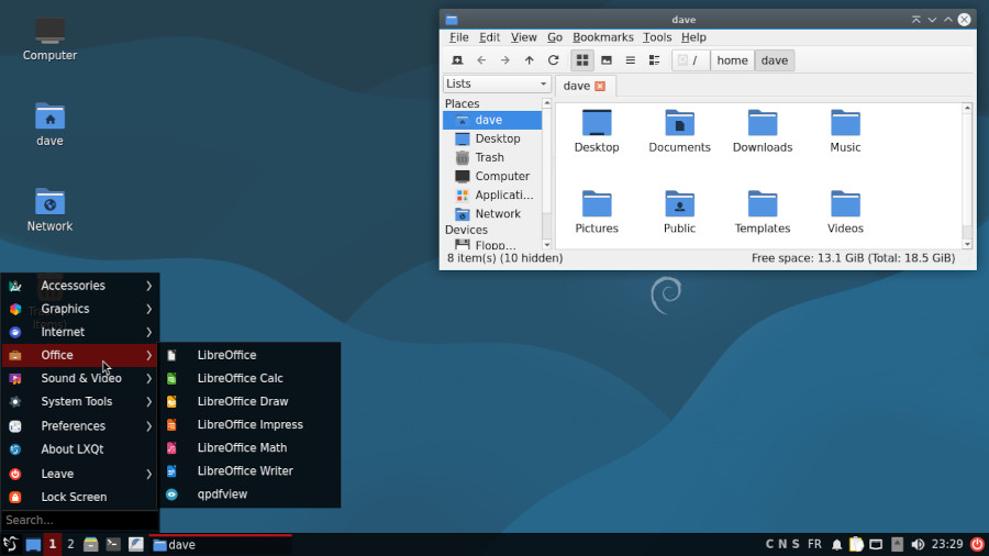 The LXQt desktop with the application menu and the PCManFM file manager