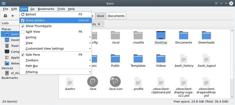 Hiddden files on display with PCManFM on LXQt