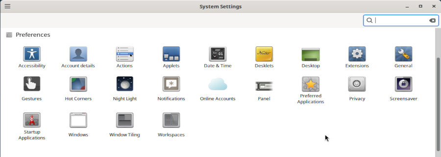 Cinnamon: system settings panel