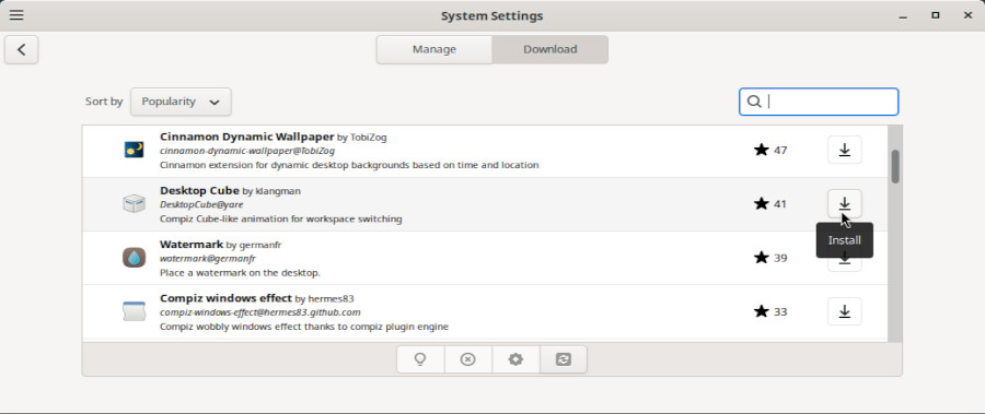 Cinnamon : extension manager