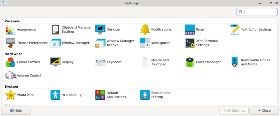The Xfce setting center on Debian