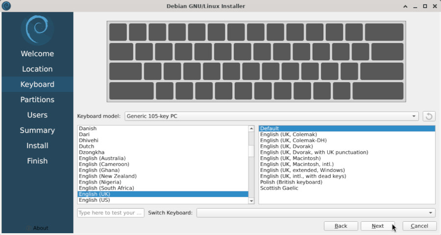 Calamares installer: keyboard selection