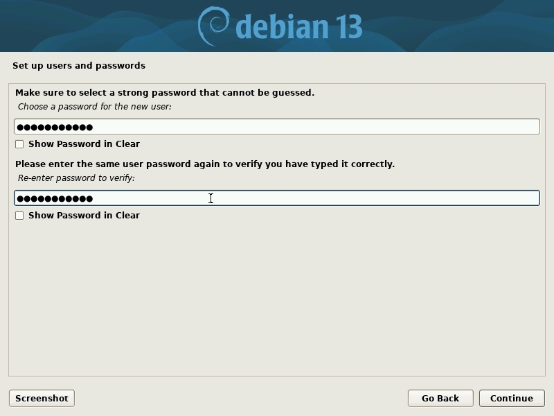 Installation: user password