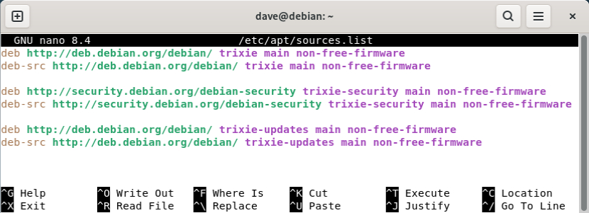 The default ‘sources.list’ file on Debian 13